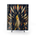 Yellow crested cockatiel in a navy feather sunburst shower curtain, full front view