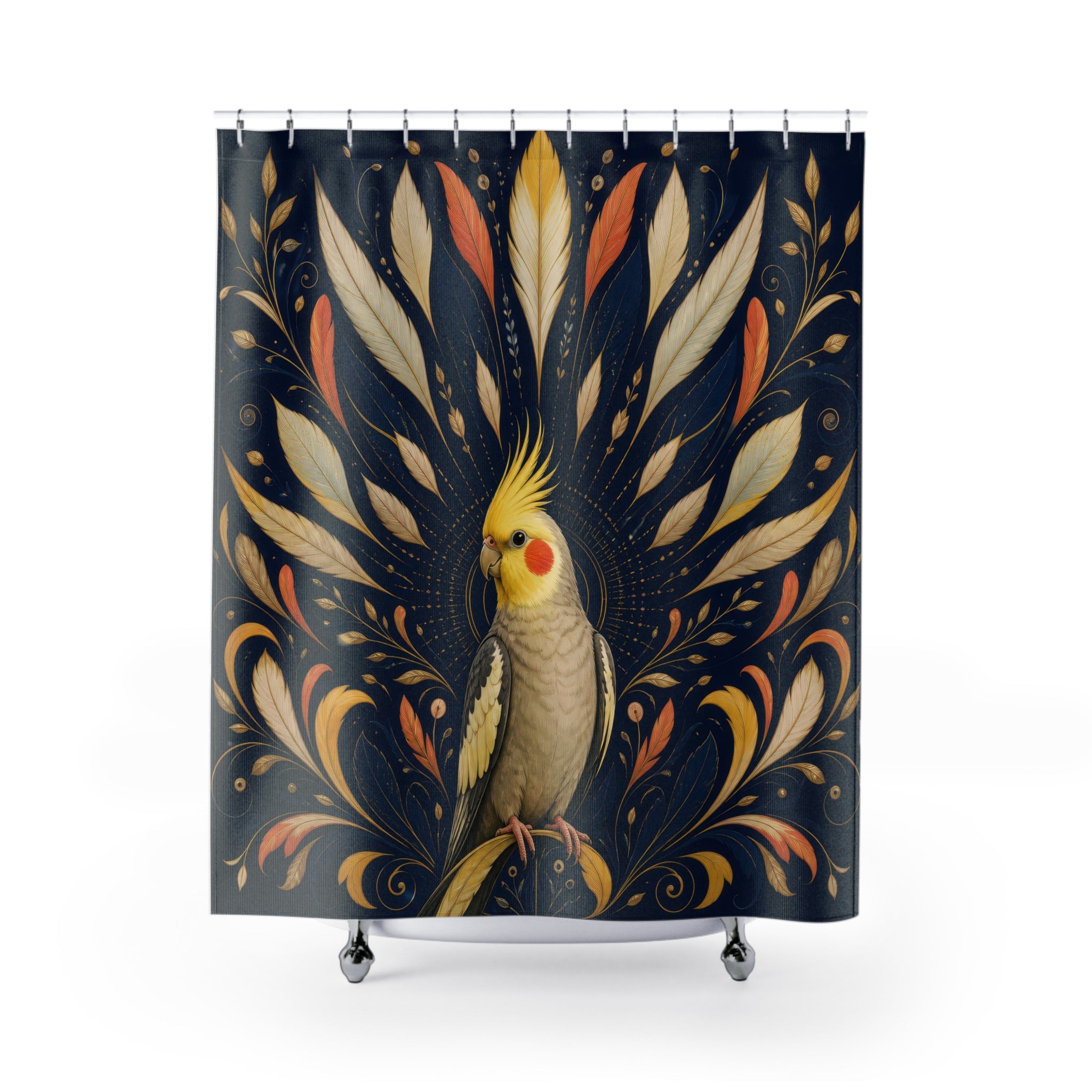 Yellow crested cockatiel in a navy feather sunburst shower curtain, full front view
