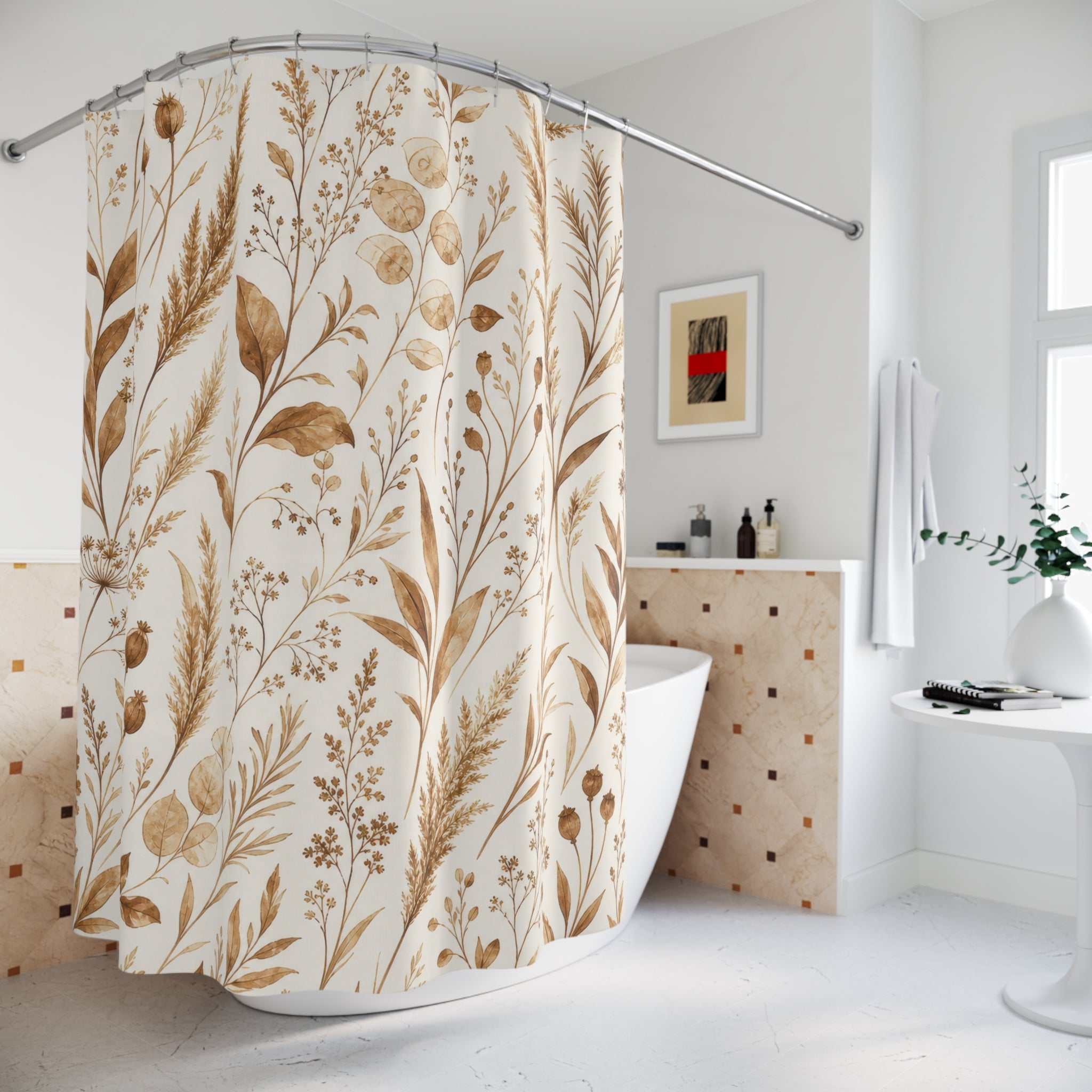 Tan Wildflower Botanical Shower Curtain