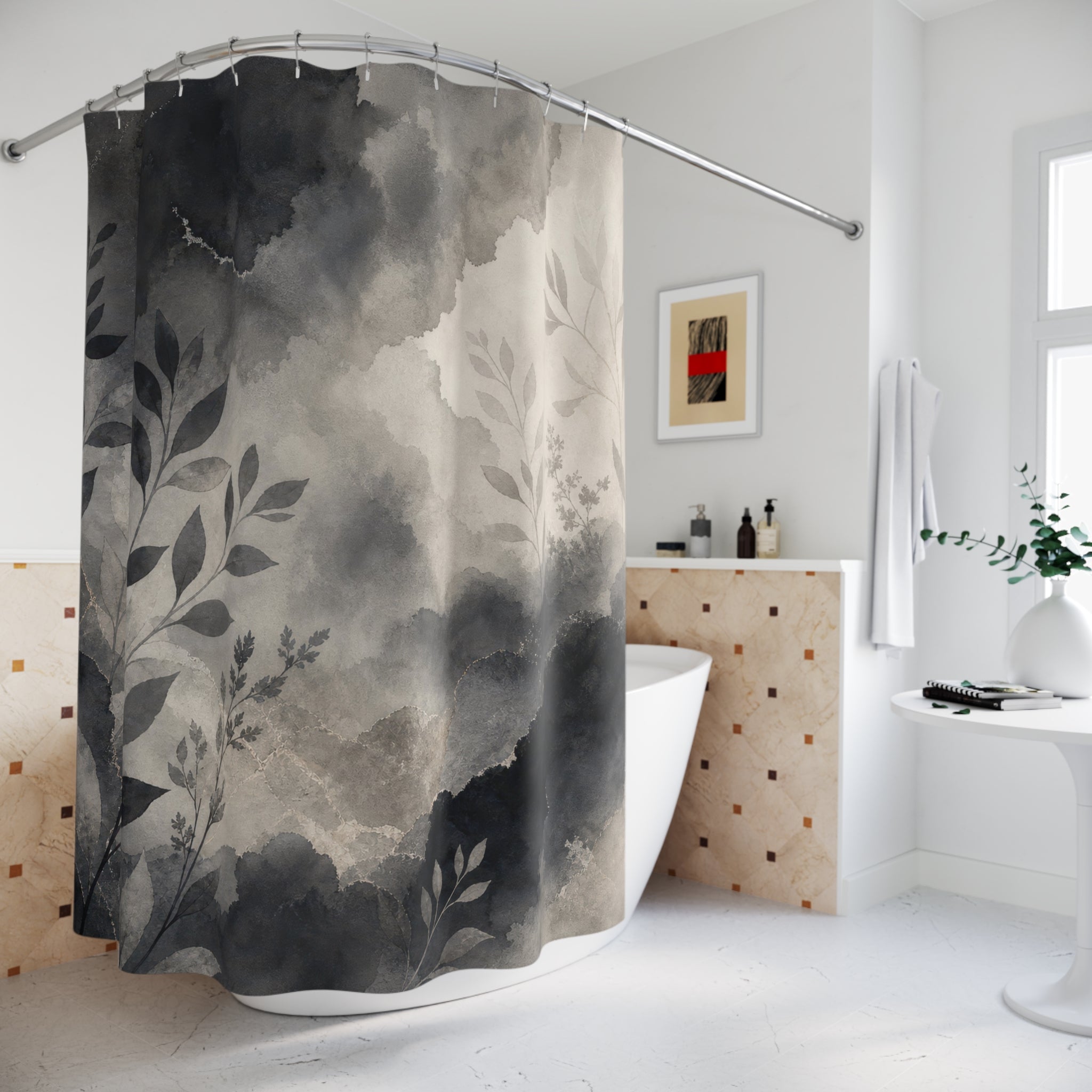 Charcoal Grey Shower Curtain: Botanical Ink Landscape