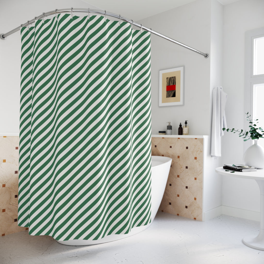 Green and White Diagonal Stripe Shower Curtain