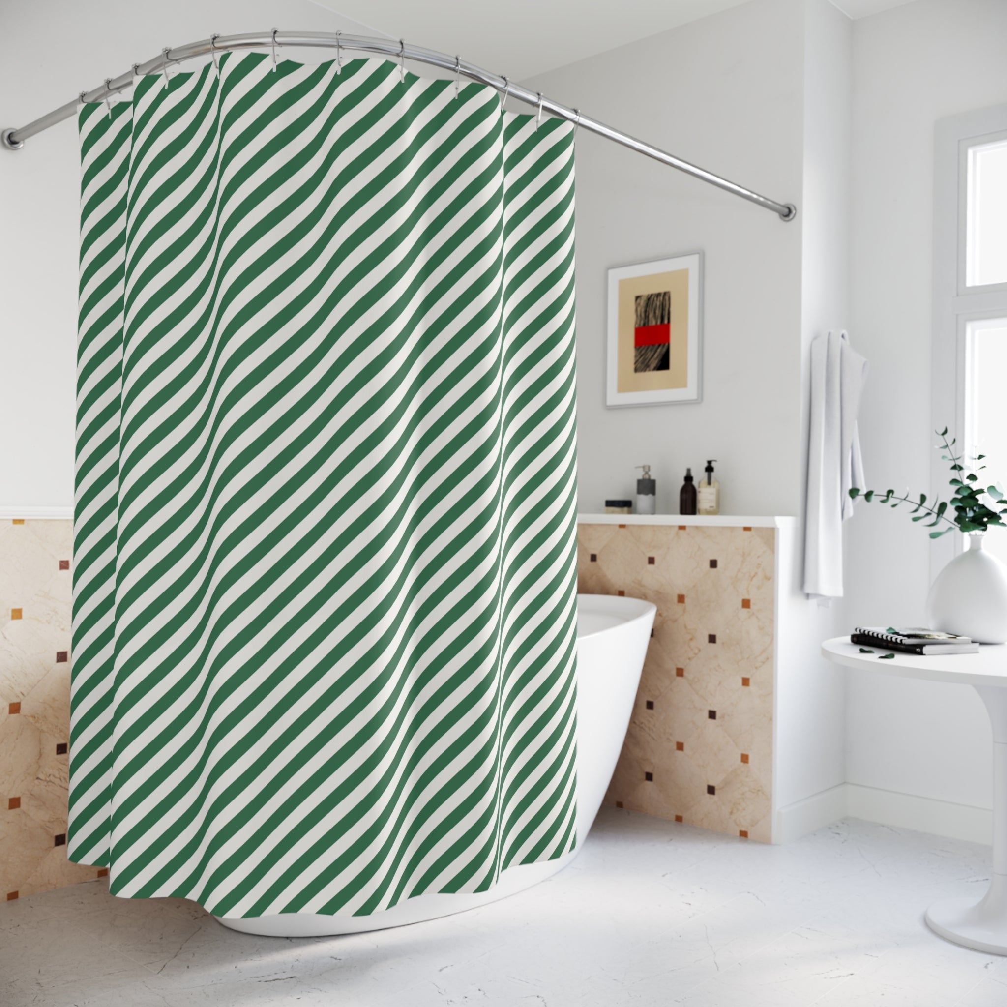 Green and White Diagonal Stripe Shower Curtain