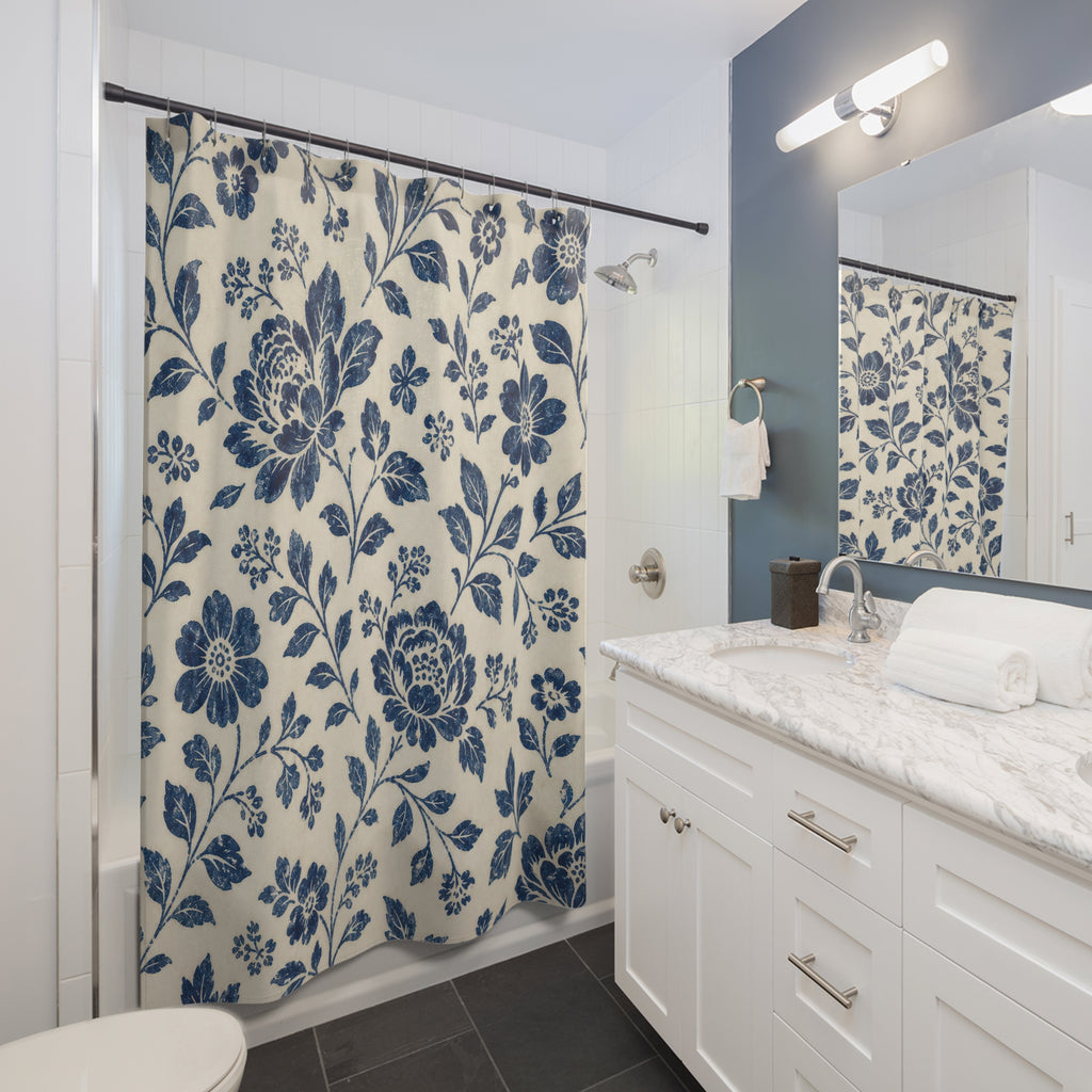 Navy Blue Botanical Flower Shower Curtain