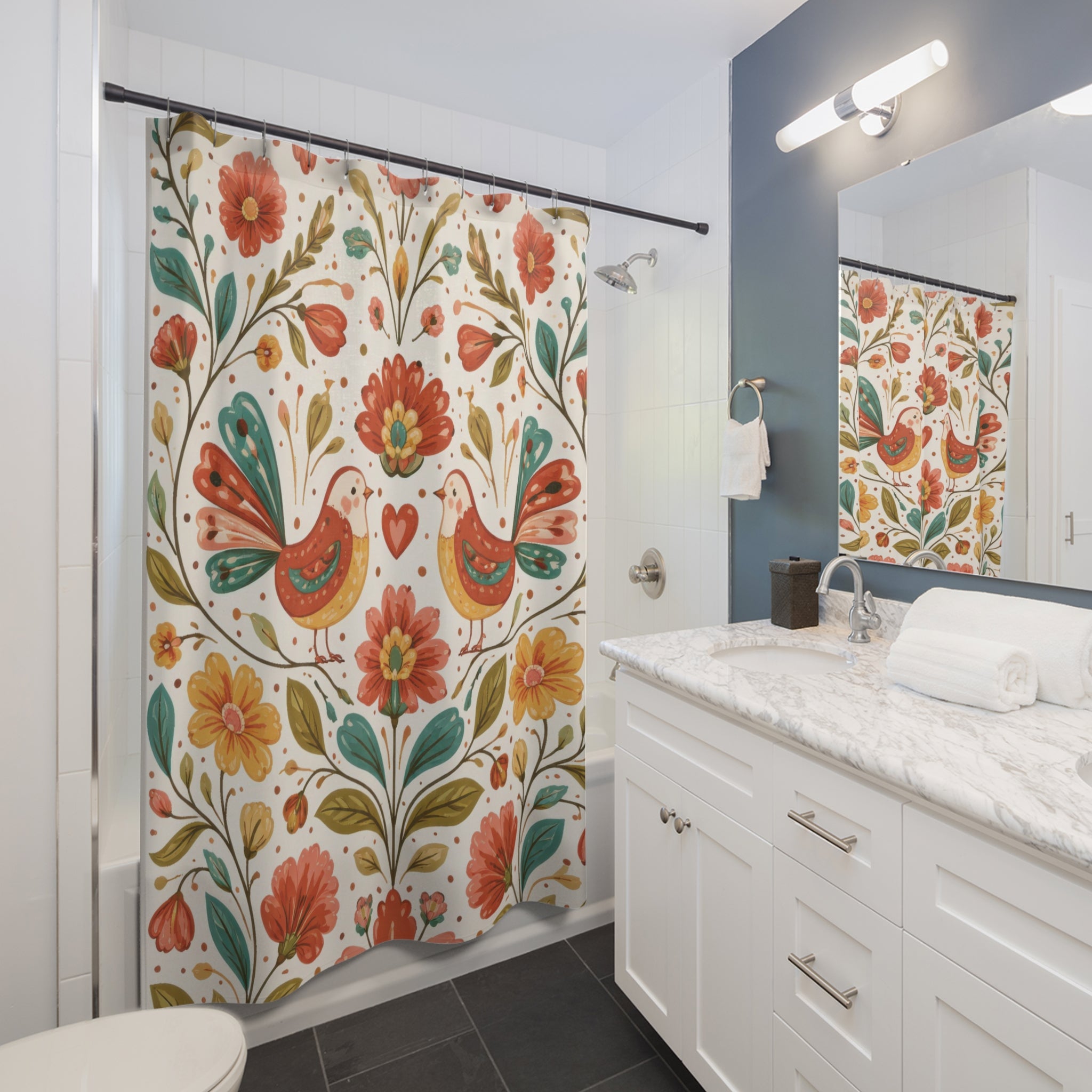 Folk Art Bird Shower Curtain – Teal and Terracotta