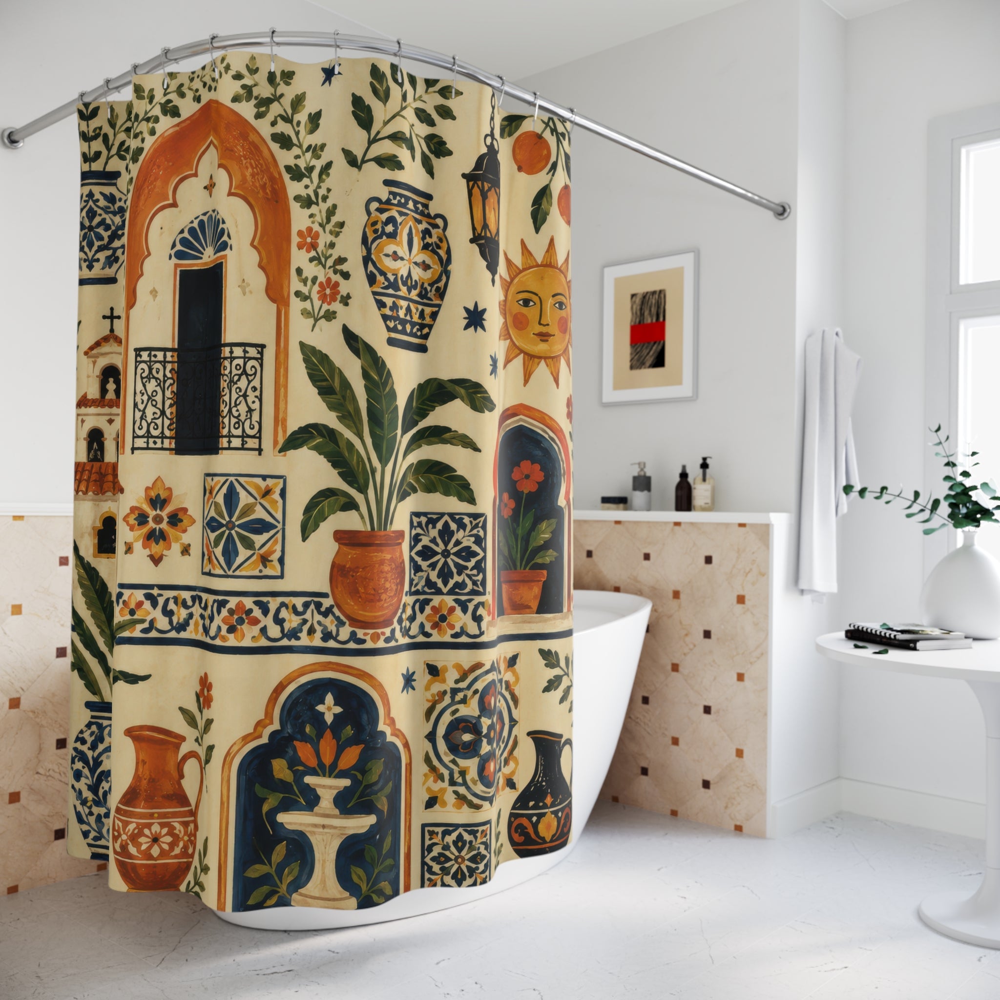 Spanish Tile Shower Curtain: Mediterranean Floral