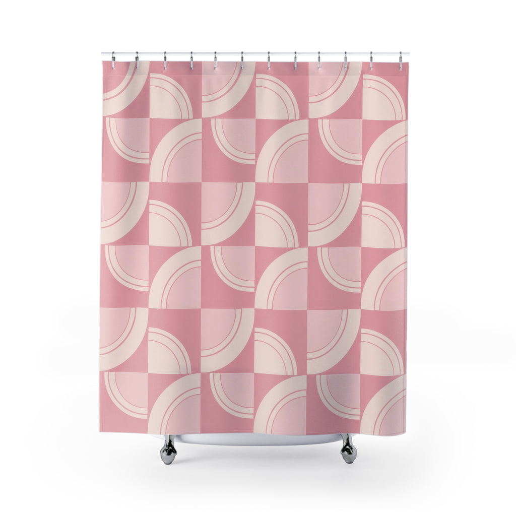Light pink and cream retro arc tiles shower curtain with full front view