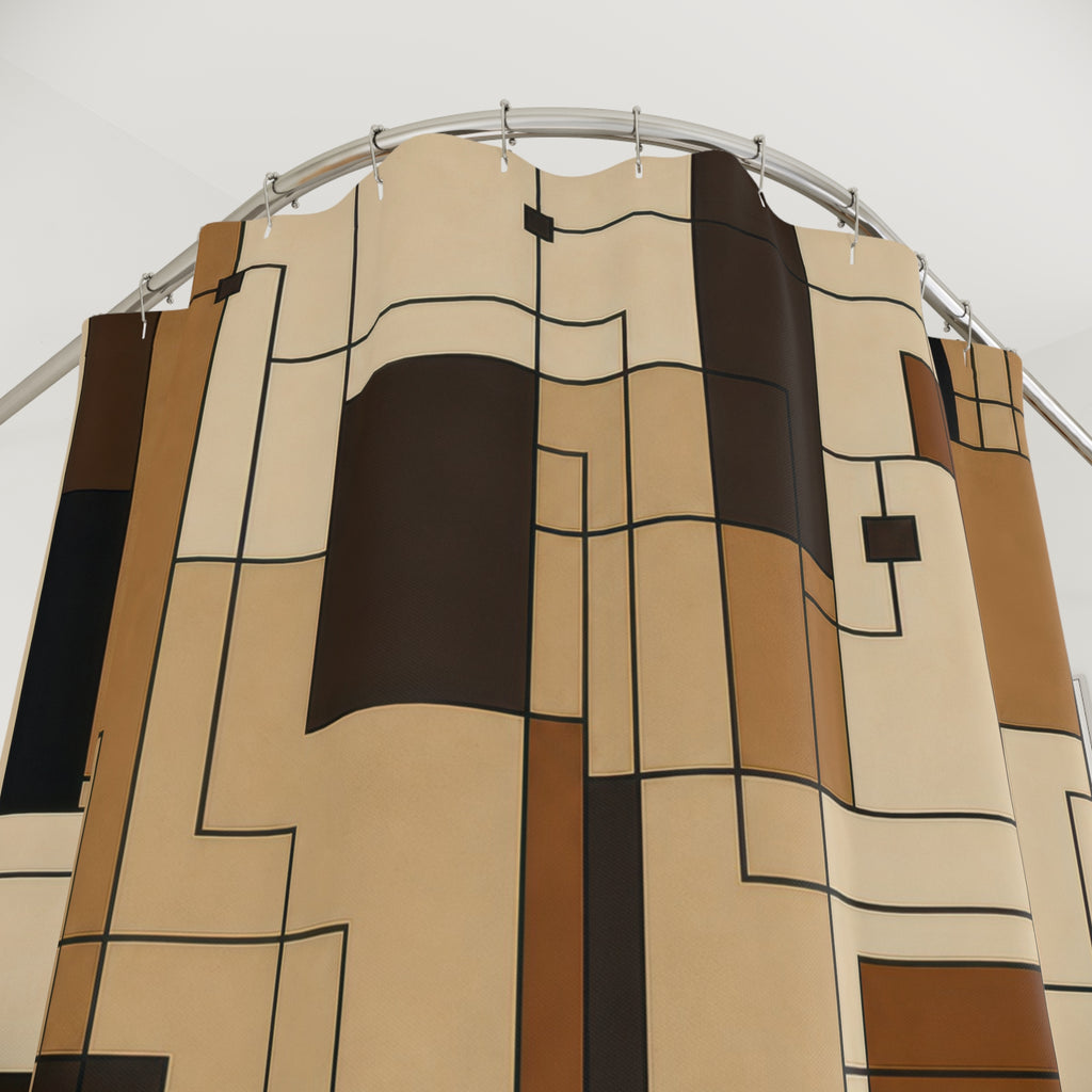 Geometric Shower Curtain, Black Brown Architectural Bath Decor, Cream Tan Line Grid Pattern, Modern Neutral Guest Bathroom Decor Style