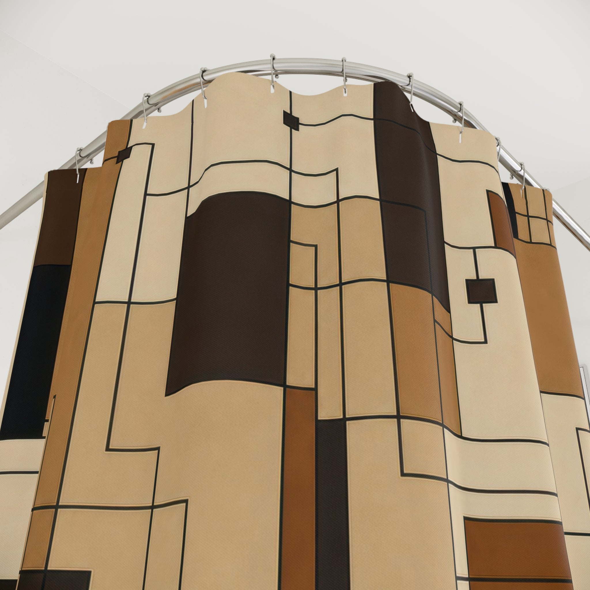Geometric Shower Curtain, Black Brown Architectural Bath Decor, Cream Tan Line Grid Pattern, Modern Neutral Guest Bathroom Decor Style
