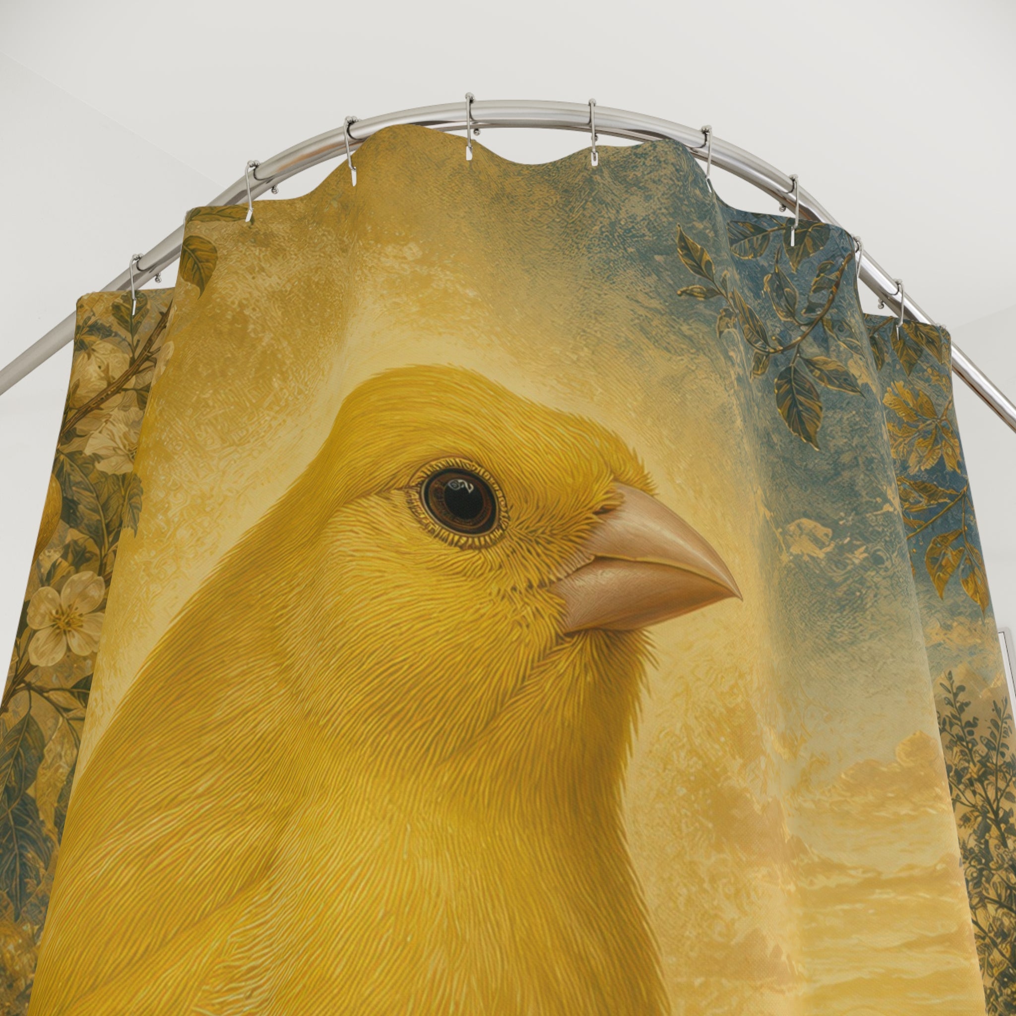 Oversized golden canary in a dusky blue orchard shower curtain with close-up print, hooks, and folds