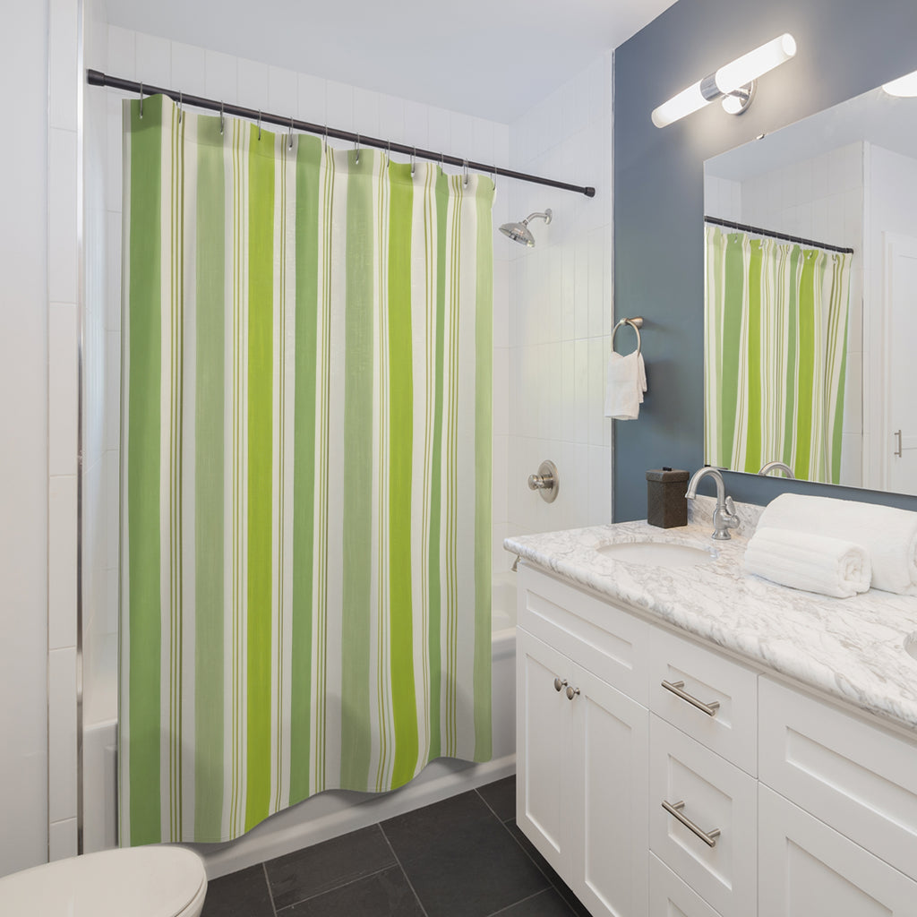 Lime Green White Vertical Stripe Shower Curtain