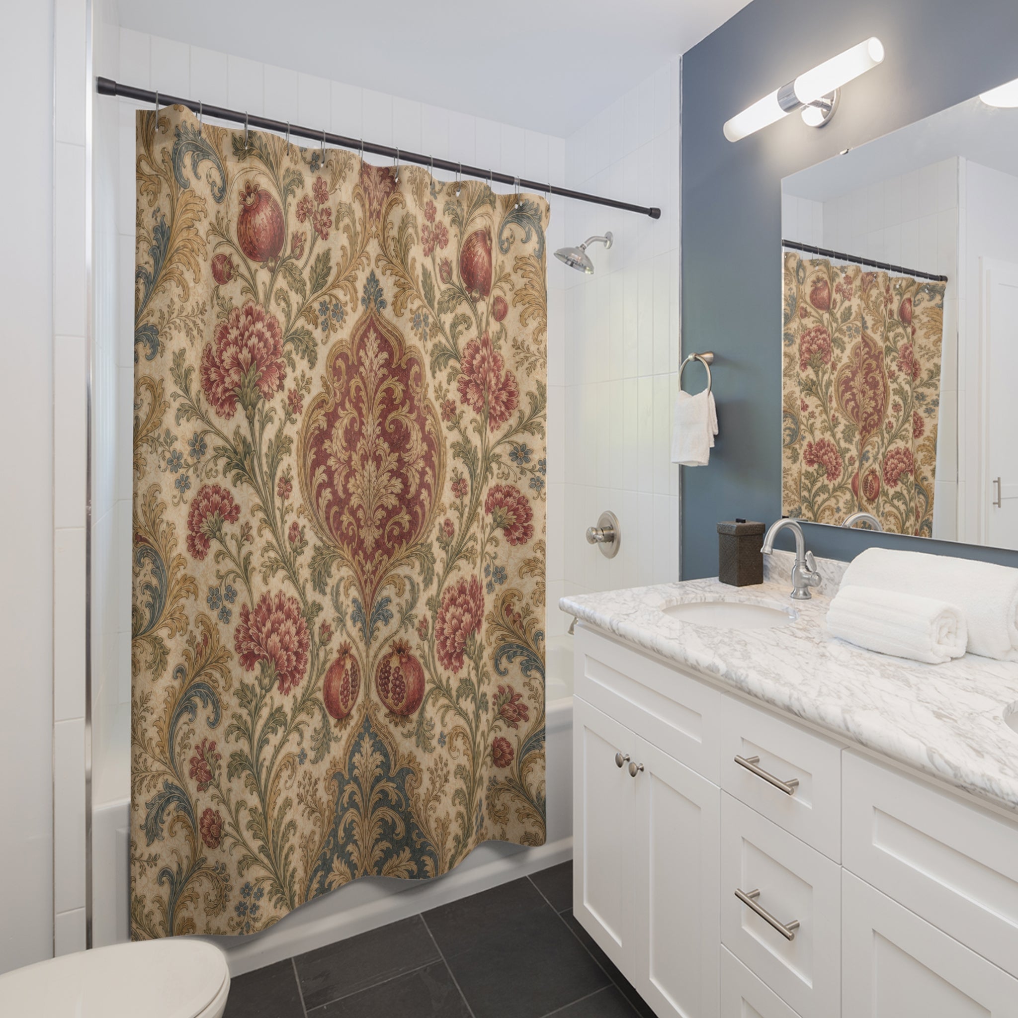 Red Floral Damask Shower Curtain