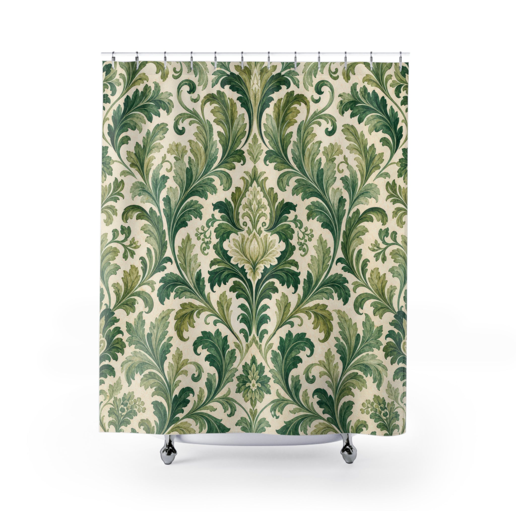Botanical Scroll Damask Green Floral Vintage Shower Curtain