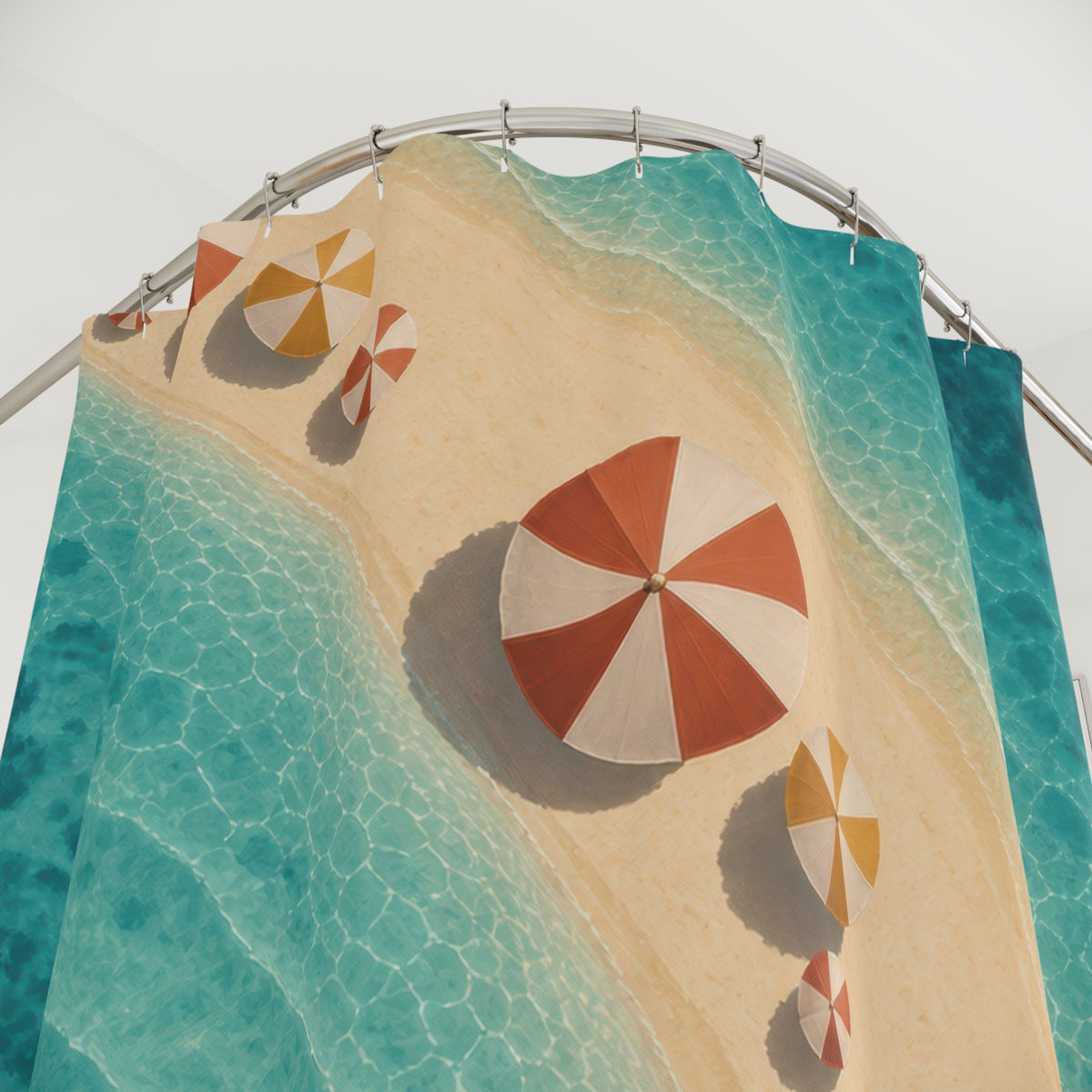 Terracotta and saffron parasols on sand in turquoise water shower curtain with close-up print, hooks, and folds