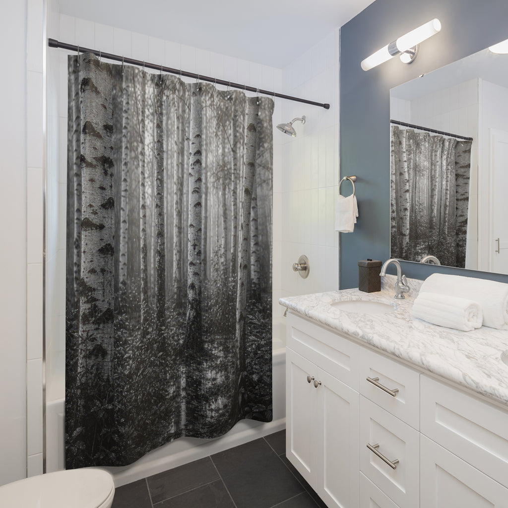 Black White Birch Rain Photo Shower Curtain