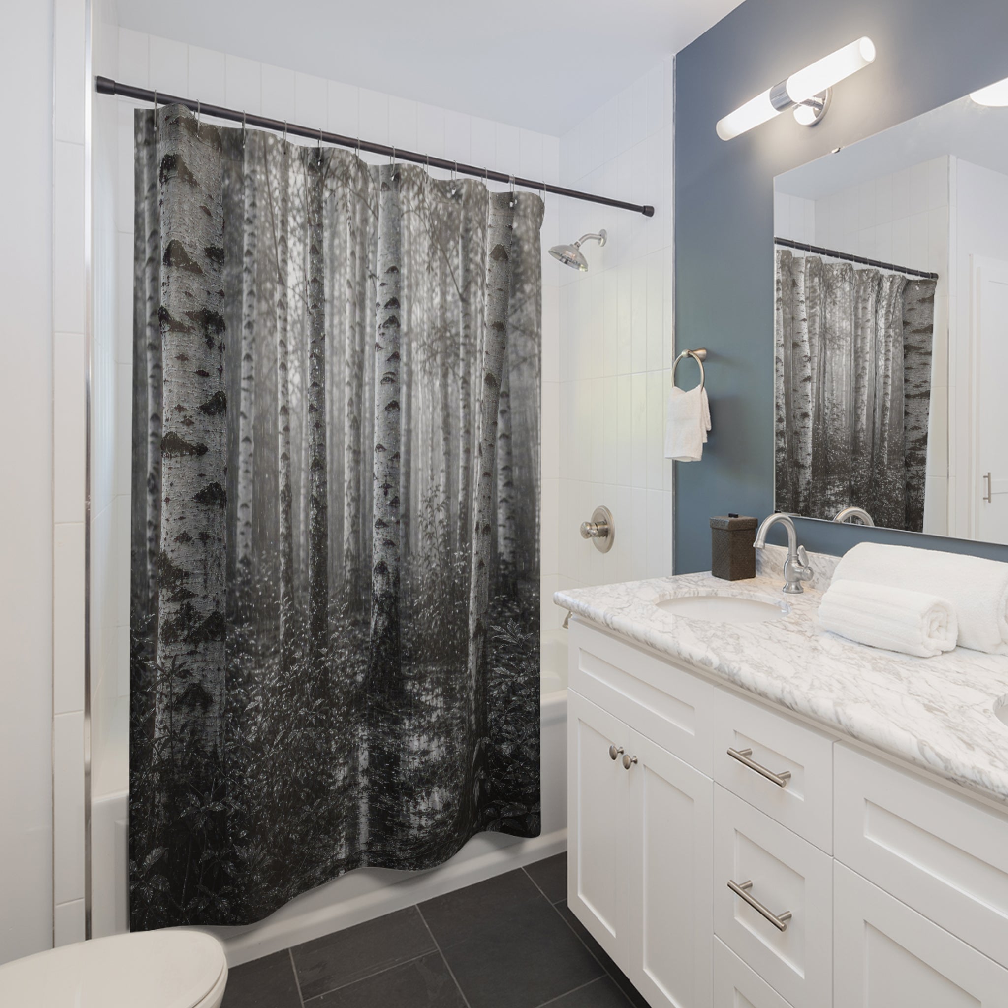 Black White Birch Rain Photo Shower Curtain