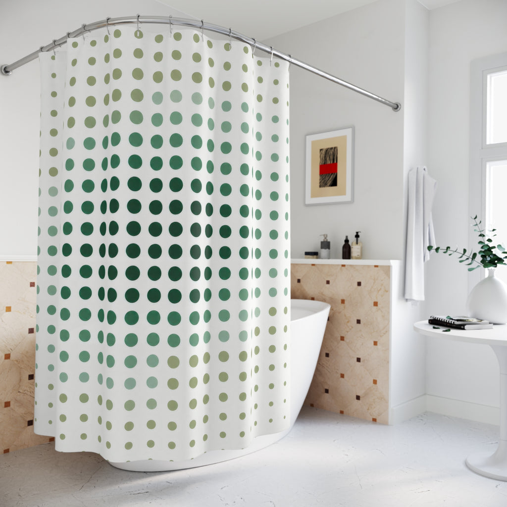 Green White Shower Curtain, Abstract Dot Bath Decor, Sage Halftone Pattern, Modern Guest Bathroom Decor, Minimal Optical Style Decor