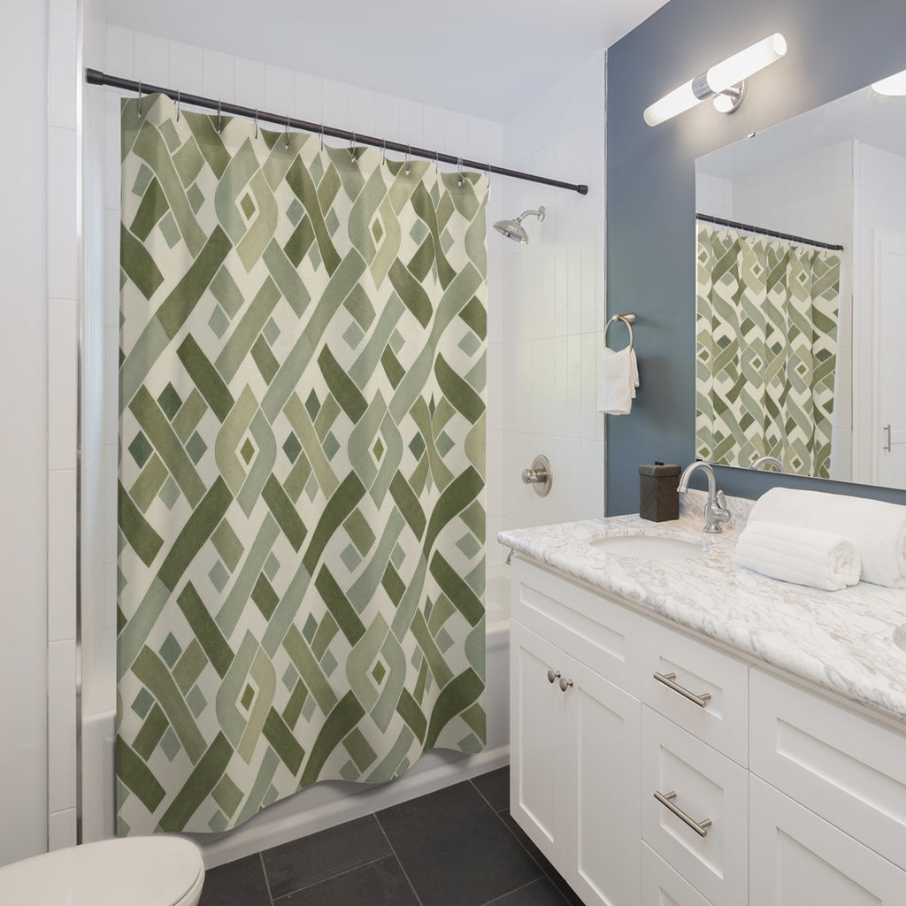 Green Geometric Shower Curtain, Olive Sage Lattice Pattern, Woven Tile Bath Decor, Modern Traditional Guest Bathroom Accent, Tailored Green