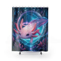 Luminous axolotl oracle before a teal and coral portal shower curtain with full front view
