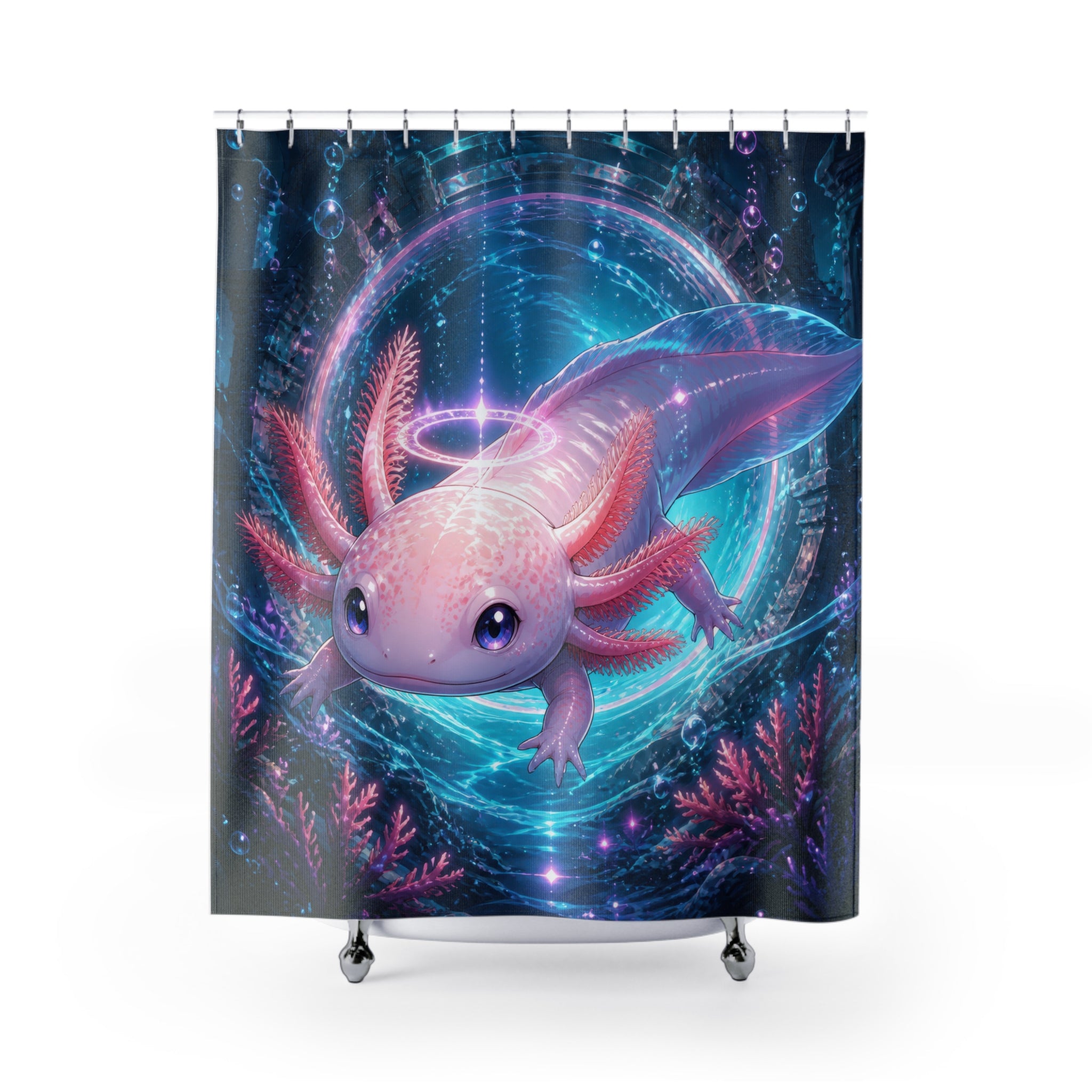 Luminous axolotl oracle before a teal and coral portal shower curtain with full front view
