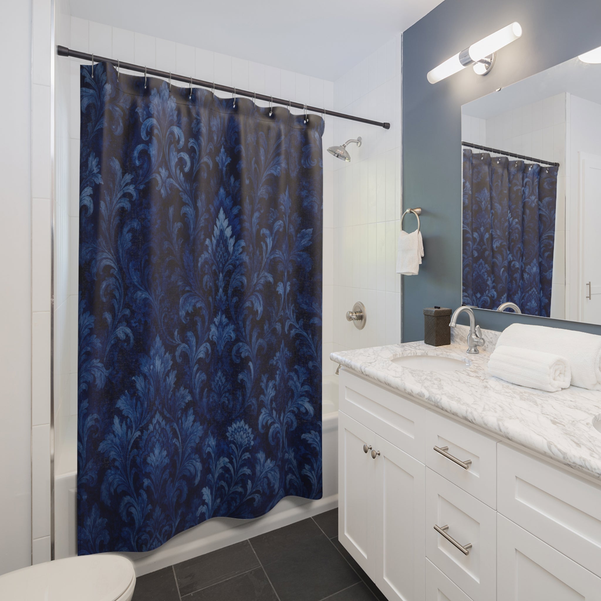 Navy Damask Shower Curtain