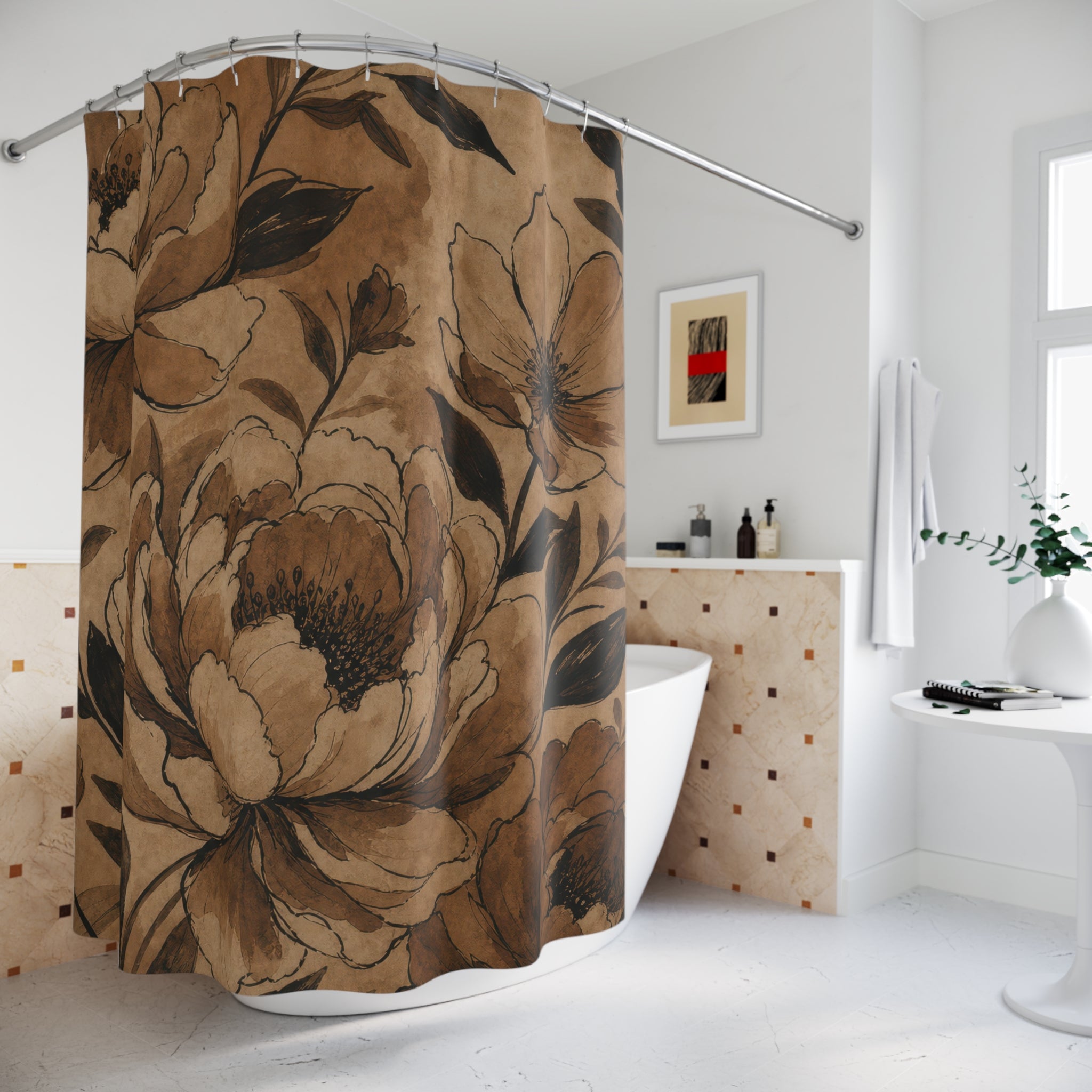 Black Brown Vintage Flower Shower Curtain