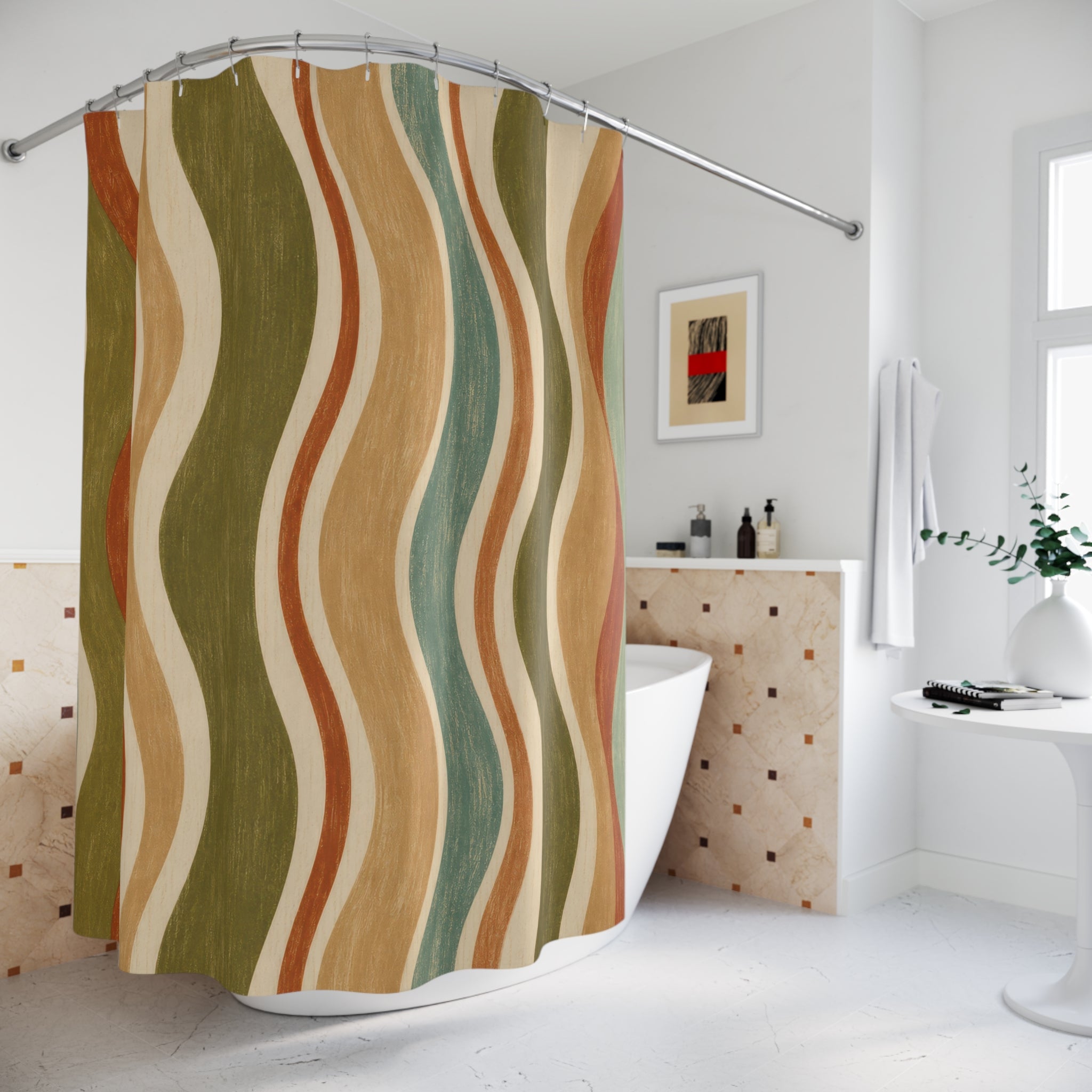 Retro Shower Curtain, 70s Wavy Stripe Pattern, Rust Olive Earth Tone Bathroom Decor, Groovy Earth Tone Wall Decor Guest Bath Wall Gift