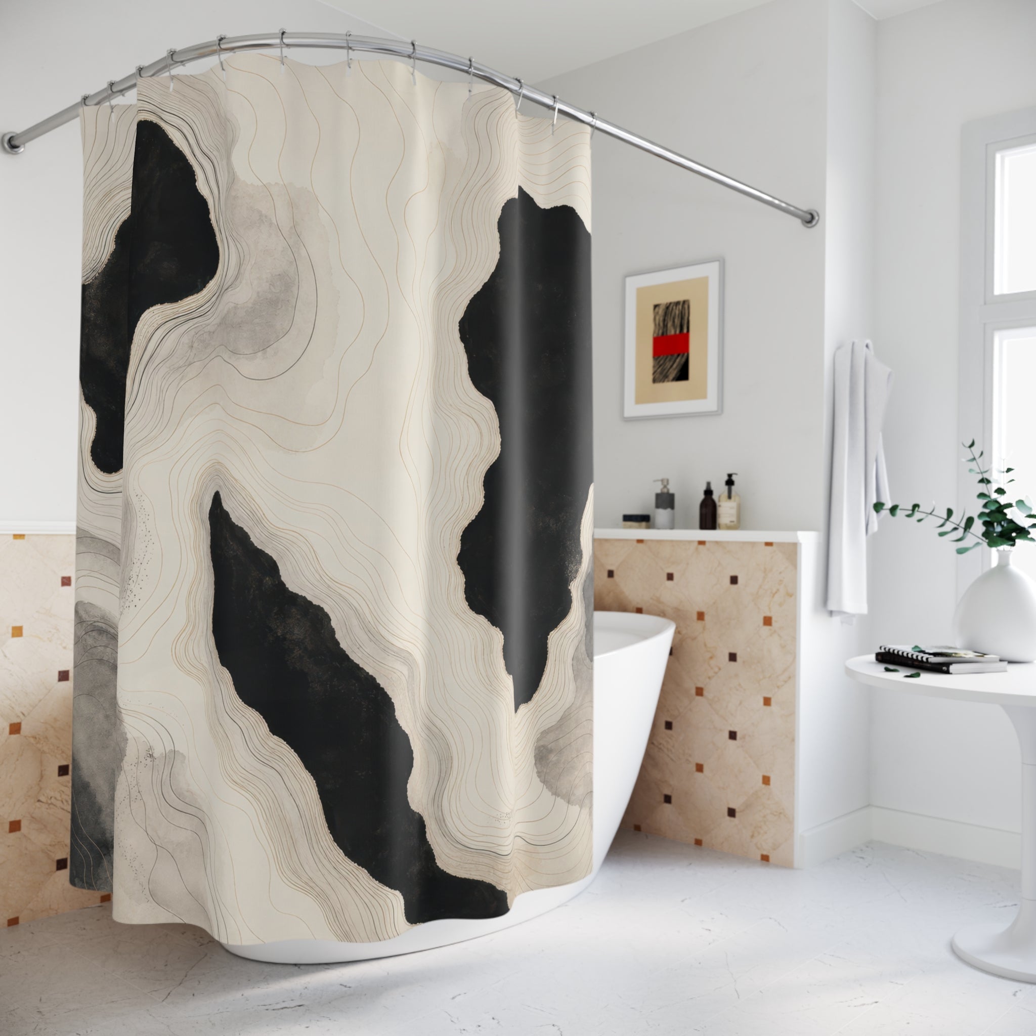 Cream Gray Topographic Black Abstract Shower Curtain