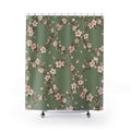 Cream and pink cherry blossom wreaths on sage green shower curtain with full front view
