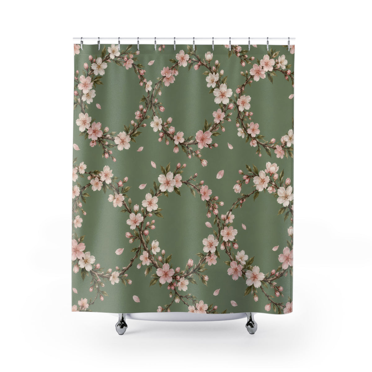 Cream and pink cherry blossom wreaths on sage green shower curtain with full front view