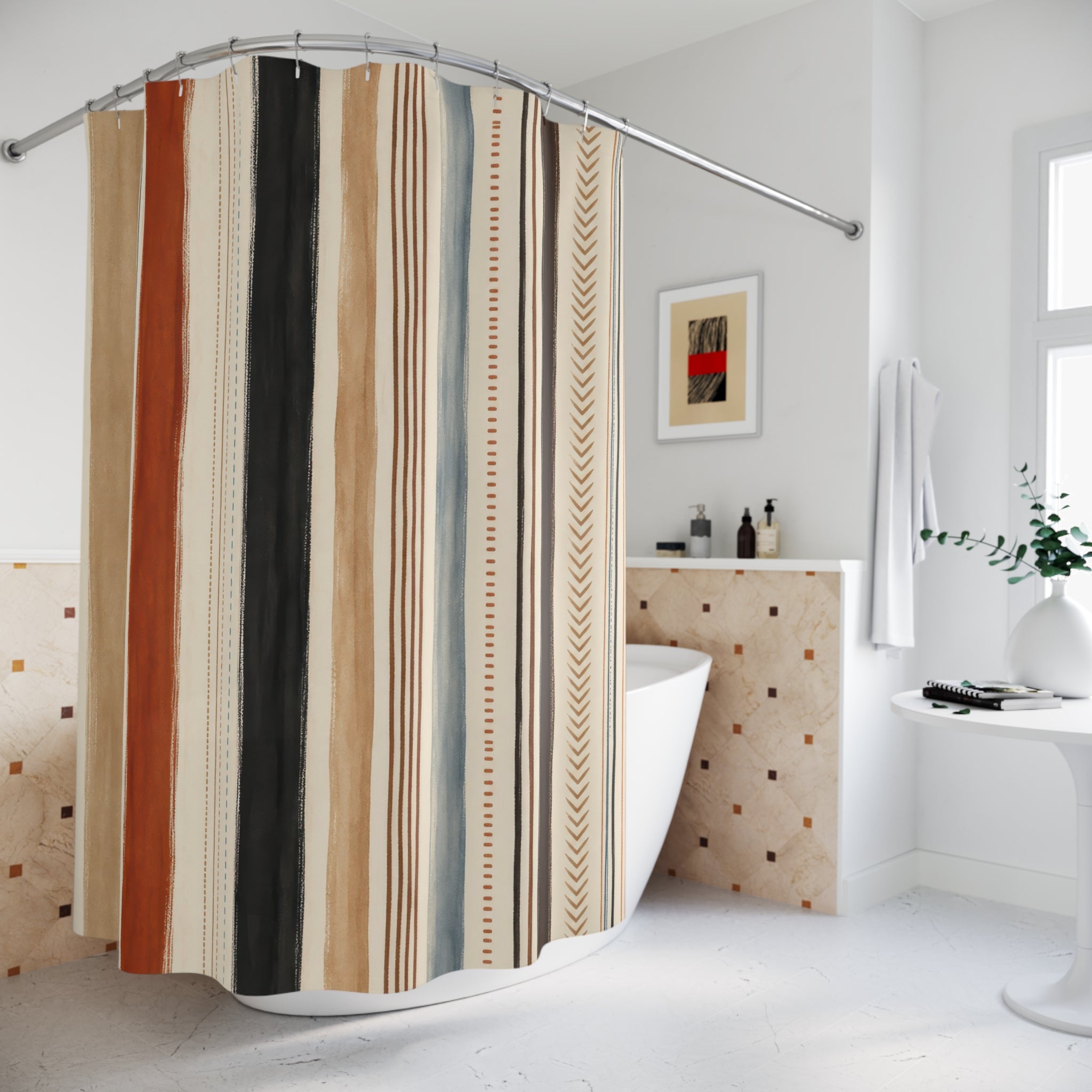 Brown Blue Terracotta Chevron Stripe Shower Curtain