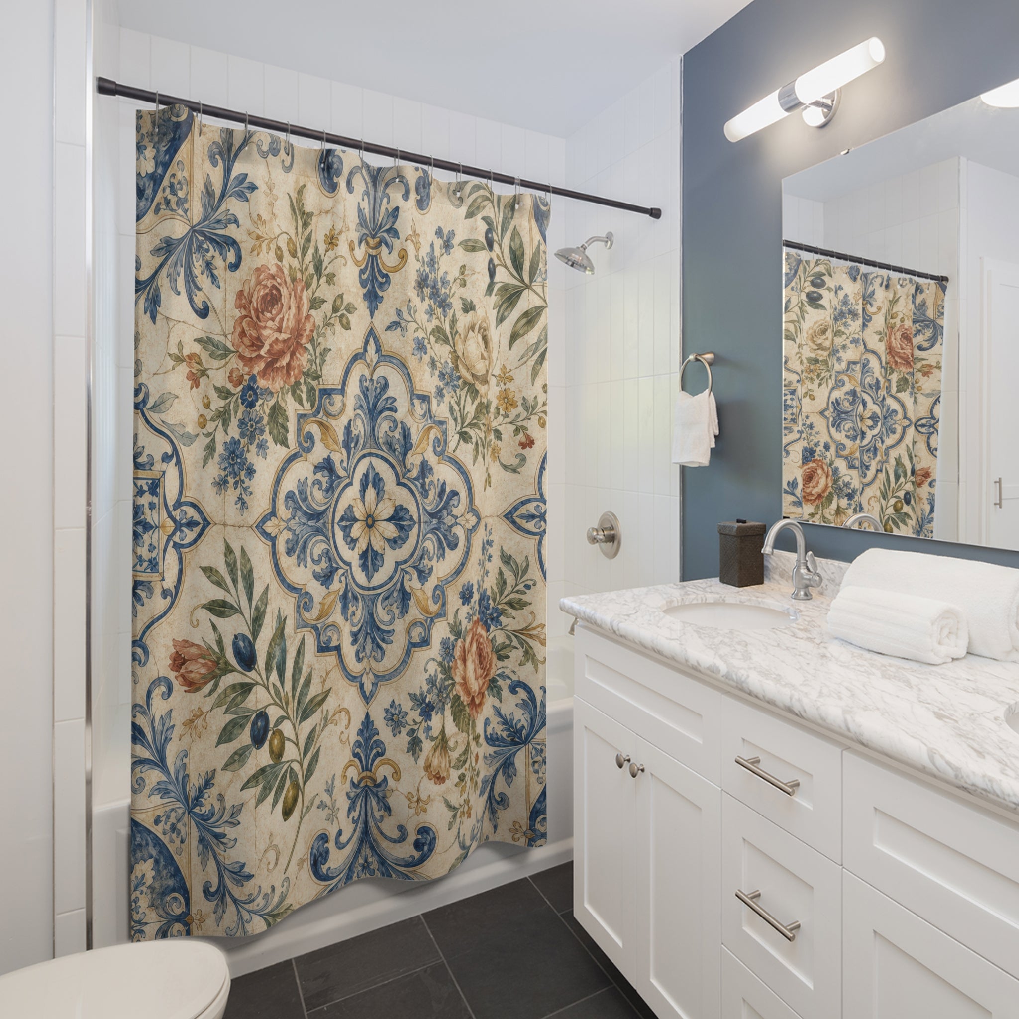 European Shower Curtain: Blue Cream Floral Tile Pattern