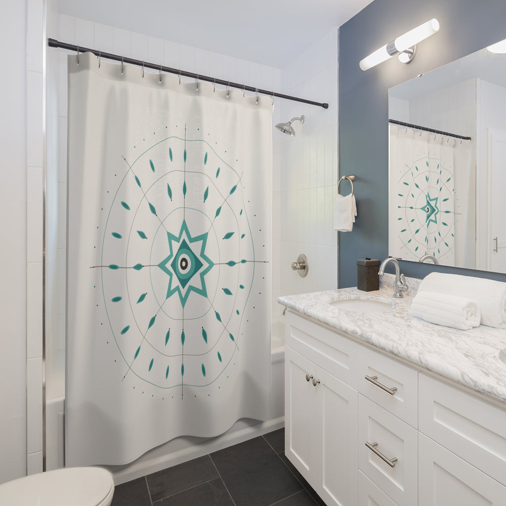Teal Mandala Shower Curtain – Compass Star on Cream