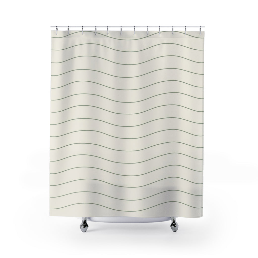Thin sage green wave lines on warm ivory shower curtain with full front view