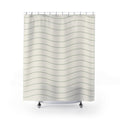 Thin sage green wave lines on warm ivory shower curtain with full front view
