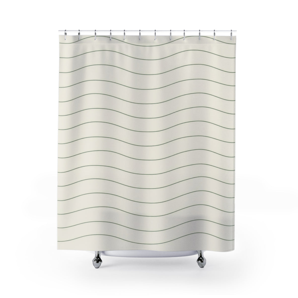 Thin sage green wave lines on warm ivory shower curtain with full front view