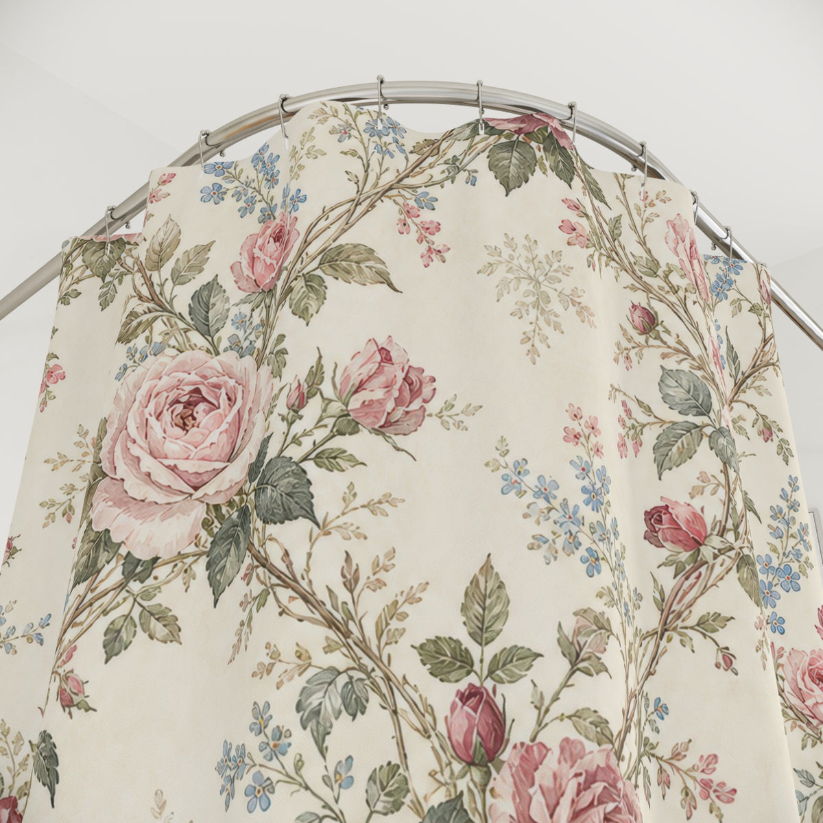 Vintage Floral Trellis rose pink shower curtain with close-up print, hooks, and folds
