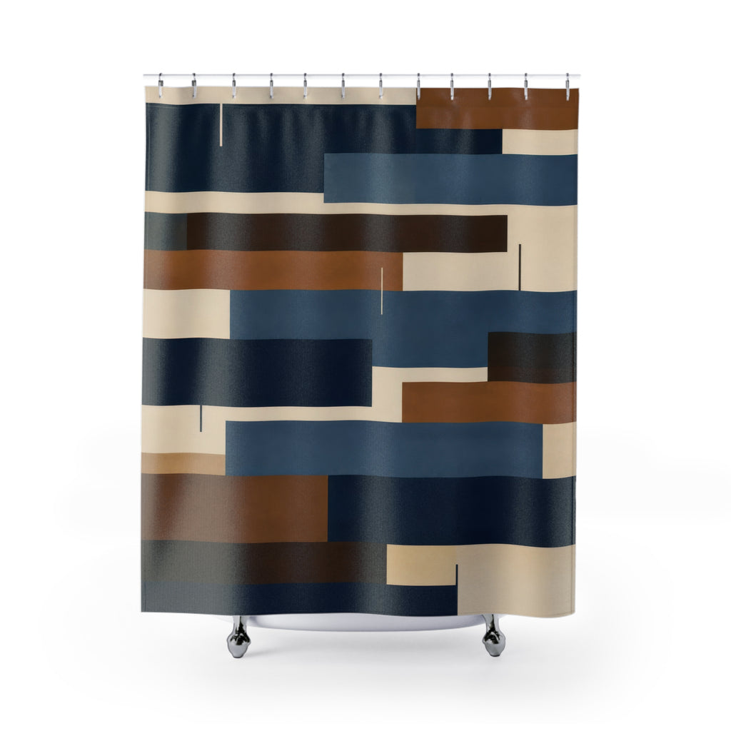 Blue and brown staggered horizontal bars on cream shower curtain with full front view