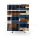 Blue and brown staggered horizontal bars on cream shower curtain with full front view