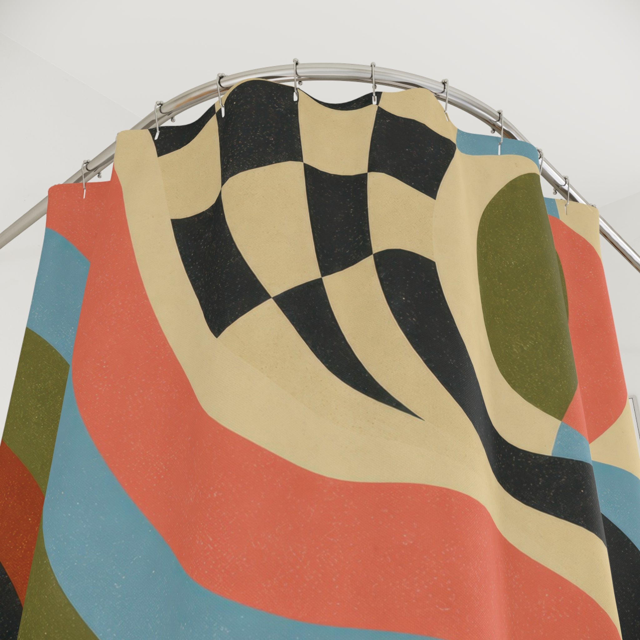 Modern Retro Shower Curtain: Colorful Wavy Checkerboard