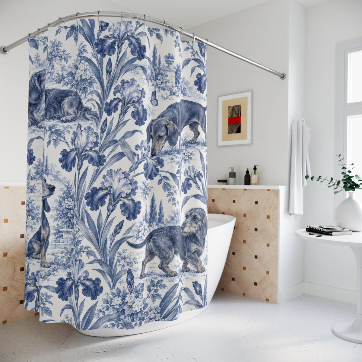 Indigo iris garden toile dachshund shower curtain beside a freestanding tub