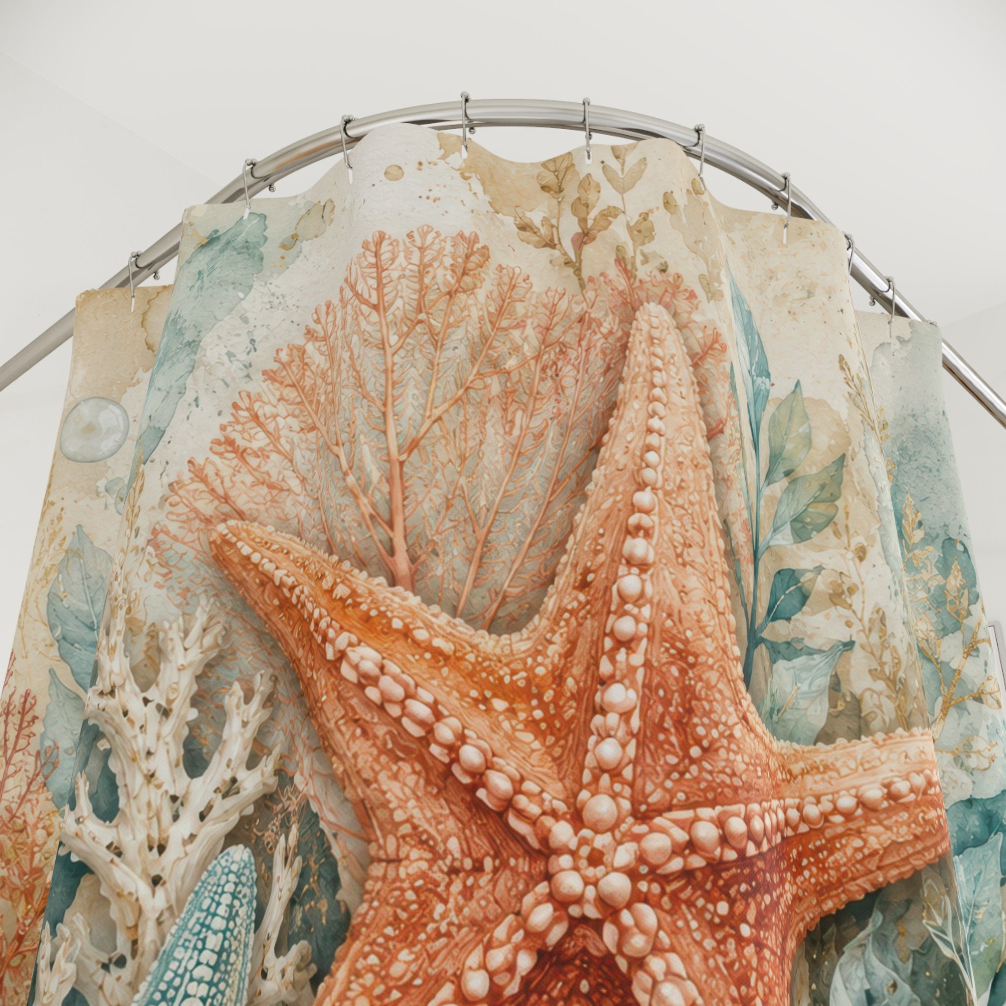 Starfish Shower Curtain: Aqua Coral Seashell Coastal