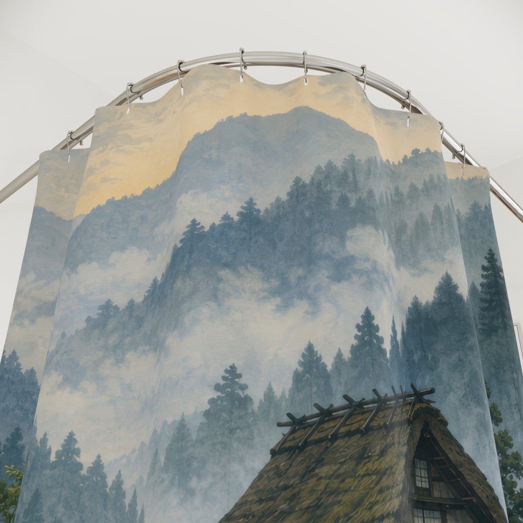 Japanese minka farmhouse above rice terraces in misty mountains shower curtain with close-up print, hooks, and folds