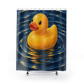 Yellow rubber duck on swirling navy water shower curtain with full front view