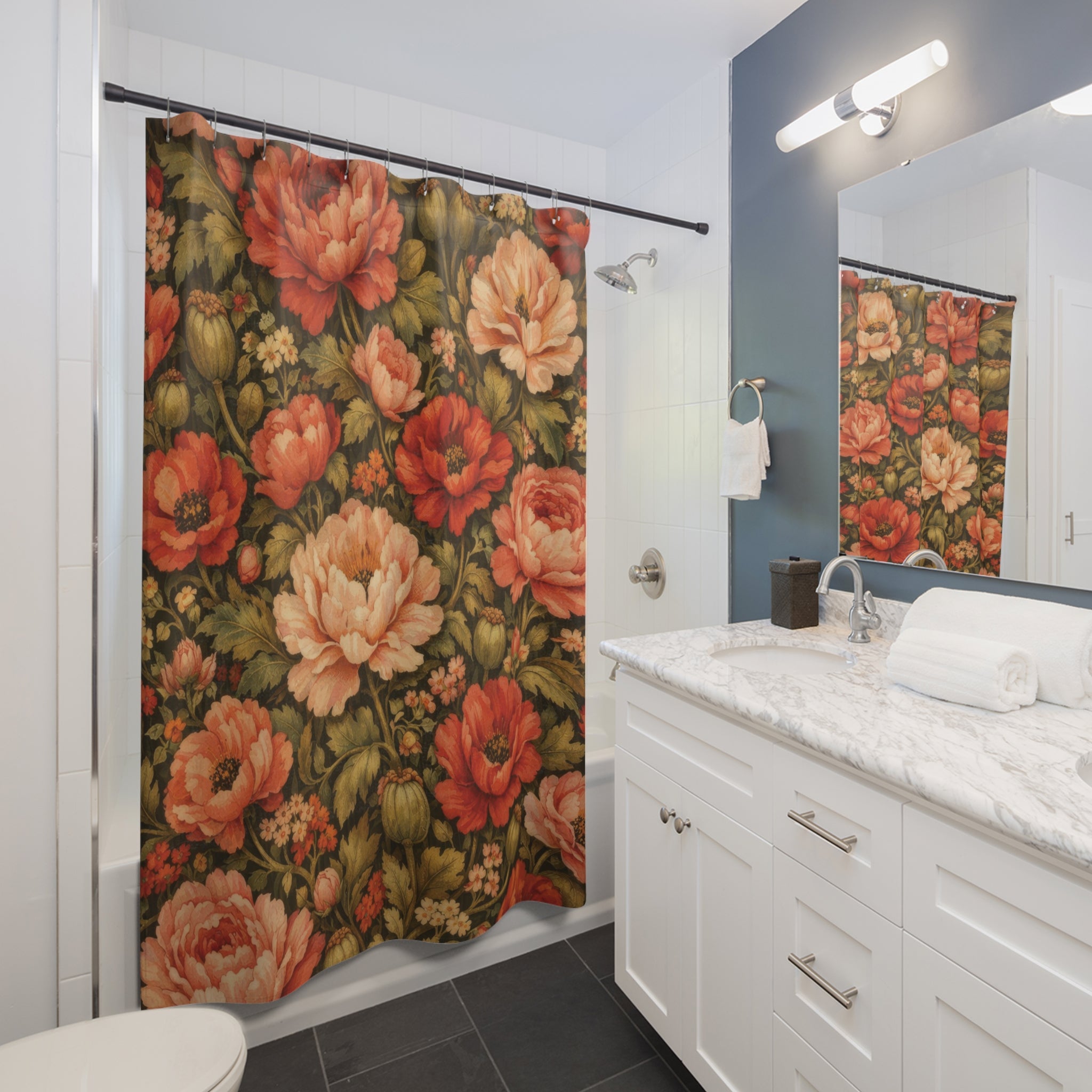 Red Peony Poppy Shower Curtain – Vintage Floral Garden