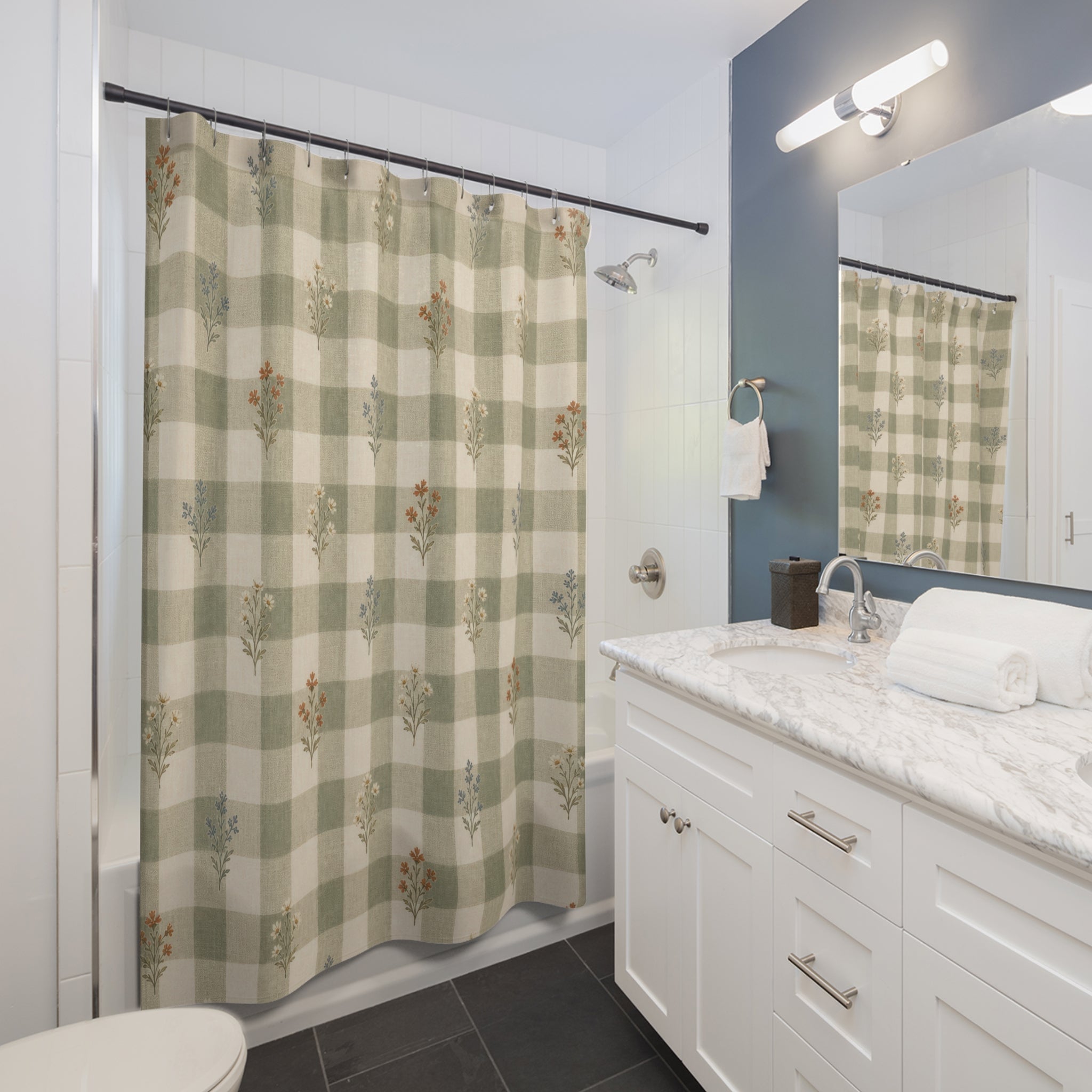 Sage Green Gingham Shower Curtain