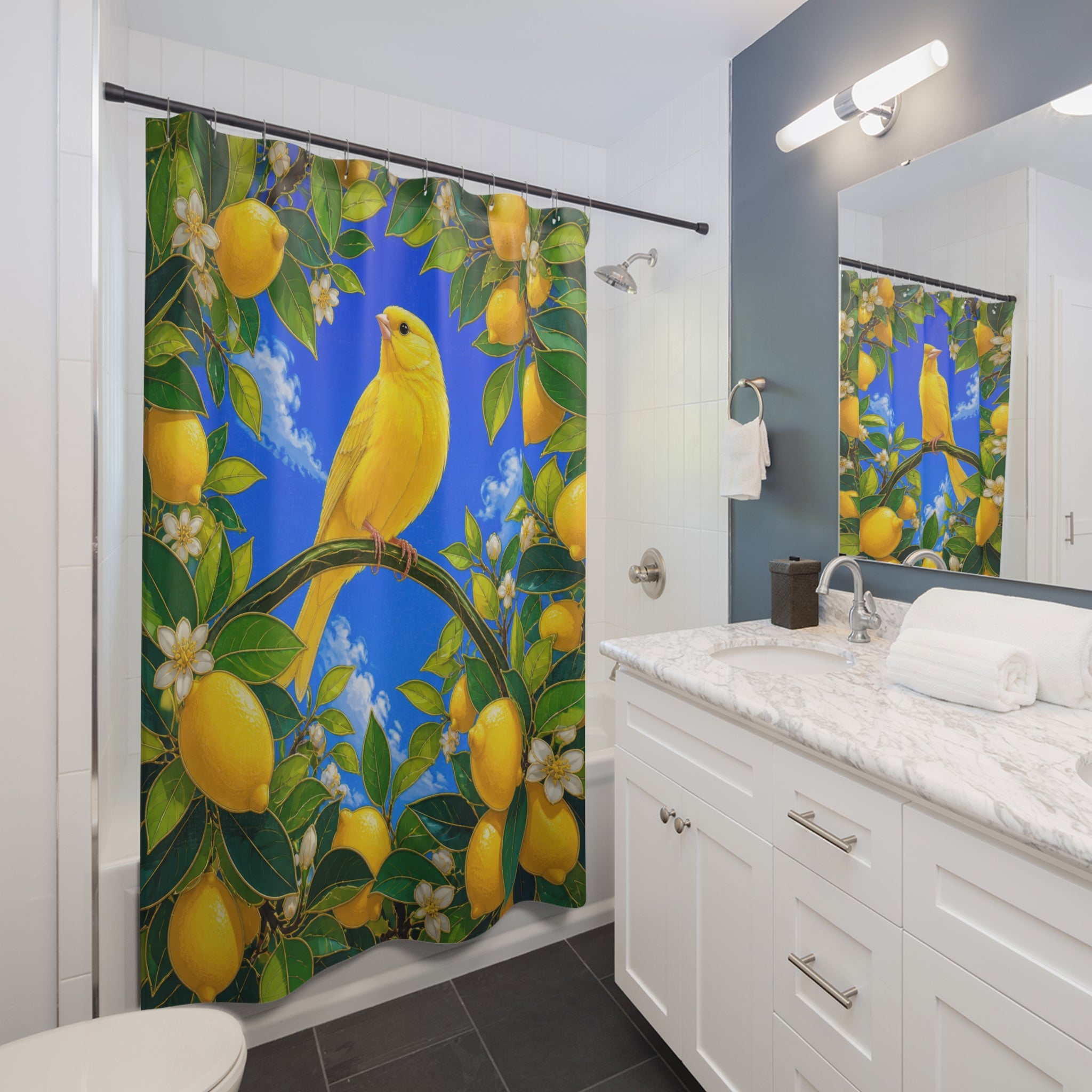 Golden canary beneath lemons and blossoms on cobalt blue shower curtain beside a white vanity