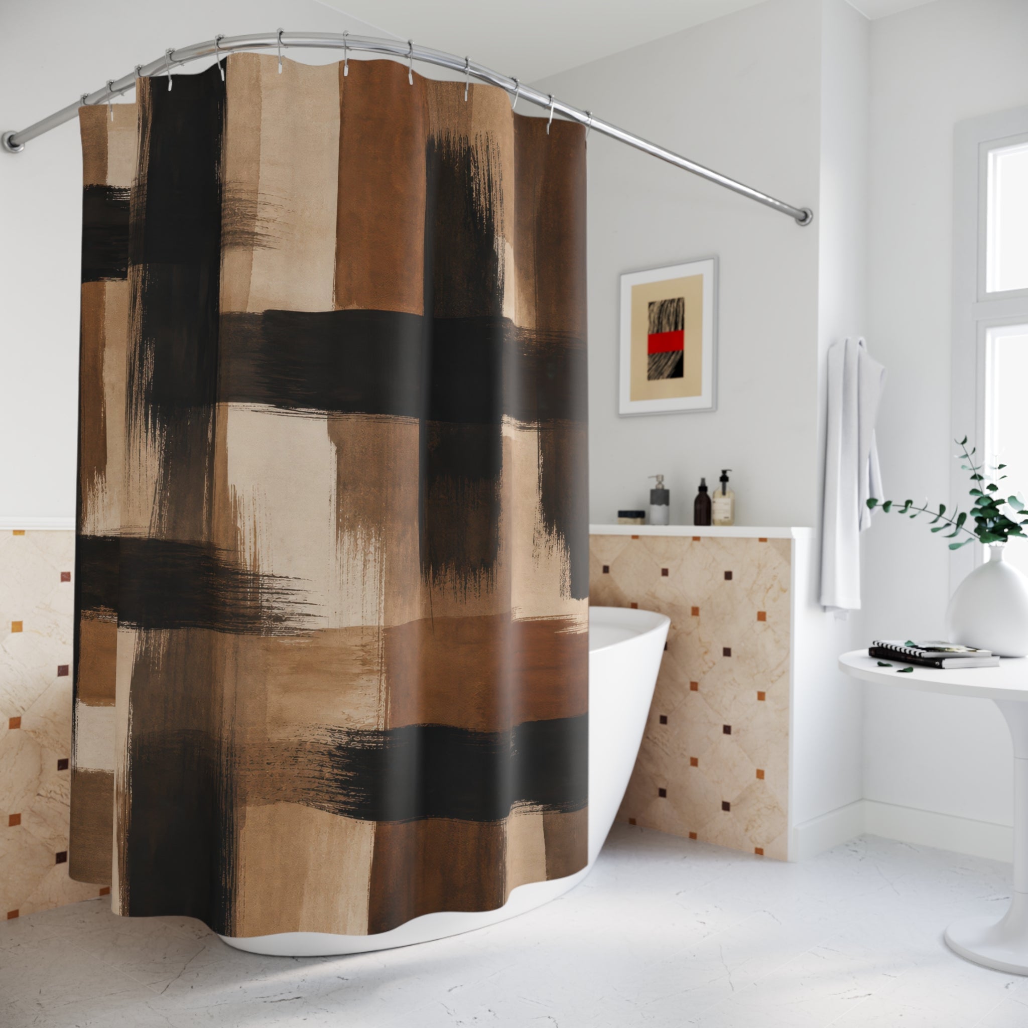 Black Brown Shower Curtain, Painterly Abstract Bath Decor, Cream Tan Brush Plaid Pattern, Modern Warm Neutral Guest Bathroom Decor Style