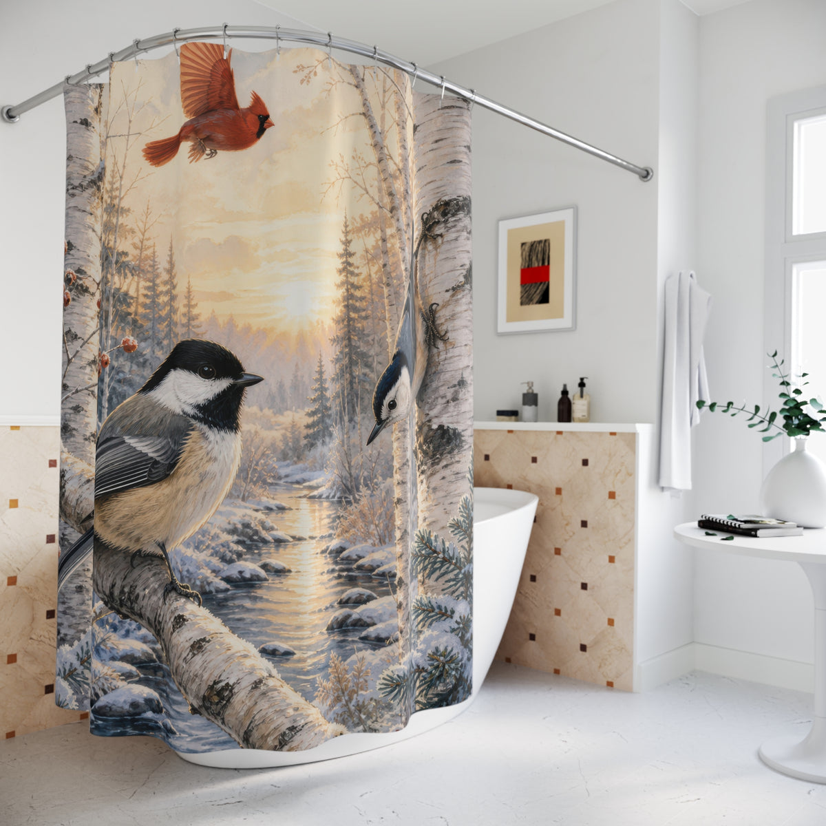 Chickadee cardinal and nuthatch in snowy birches shower curtain beside a freestanding tub