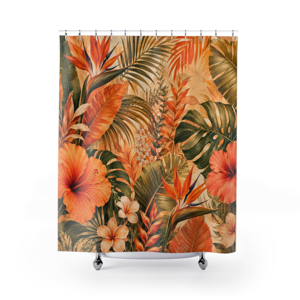 Orange Tropical Shower Curtain: Hibiscus Palm Leaf