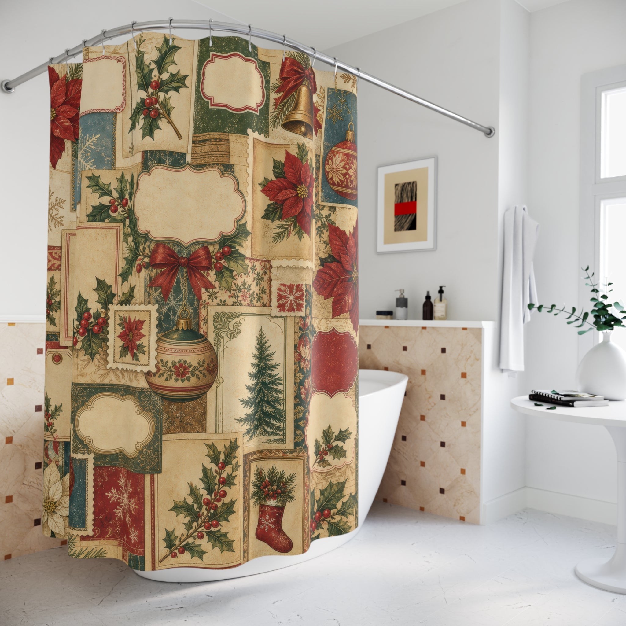 Vintage Label Poinsettia Shower Curtain